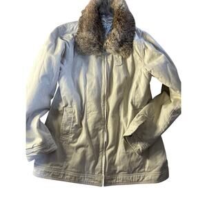 VTG Marvin Richards Rabbit Fur Collar Satin Lined Coat Cream Large Luxury